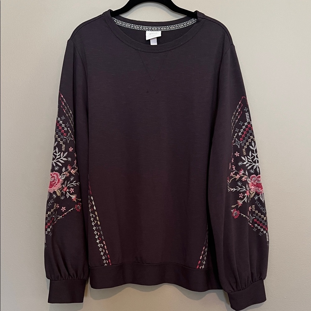 Knox Rose Navy Blue Top with Embroidered Trim